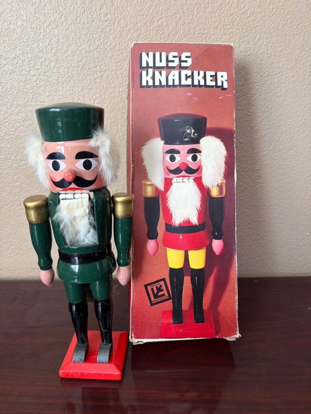 Vintage West Germany Wooden Nutcracker Nuss Knacker Soldier Green